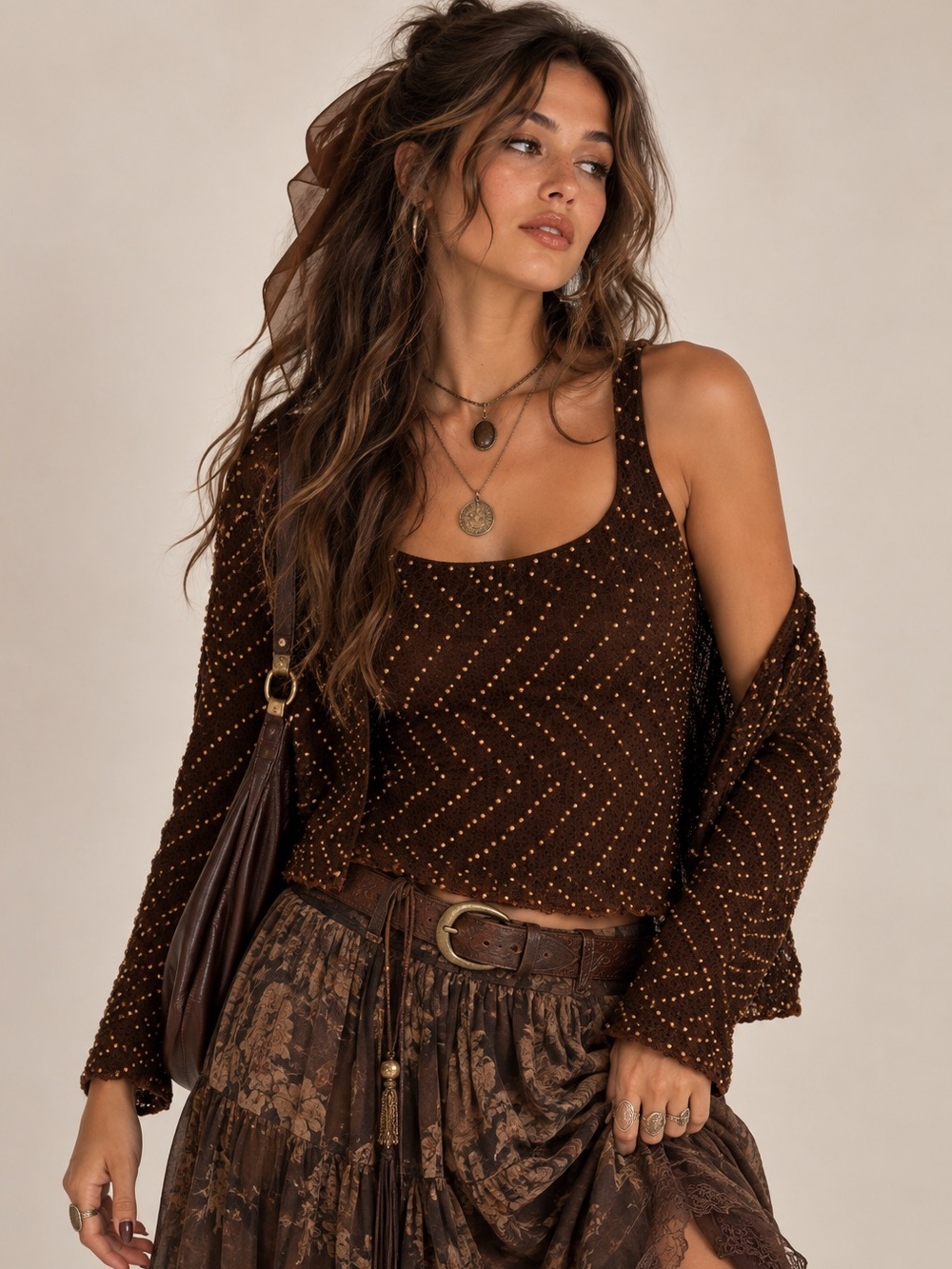Vintage Y2K Colette Mordo Sadhara Brown Beaded Crochet Cardigan Tank Set Boho M